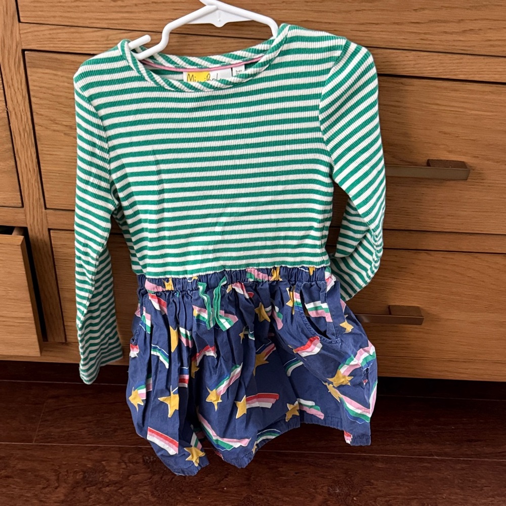 Mini Boden Green Striped Dress with Starry Blue Skirt